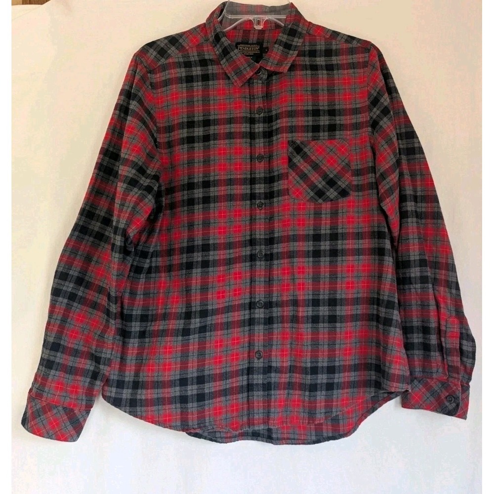 Pendleton Shirt Women's Sz L Long Sleeve Flannel Red Gray Plaid Button